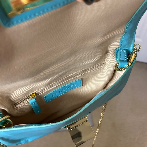 Talbots Aqua Leather and Straw Clutch Crossbody Bag Gold Chain - Picture 5 of 10
